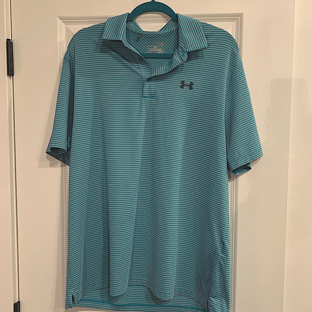 Under Armour XL Aqua & Gray Stripped HeatGear Polo.
